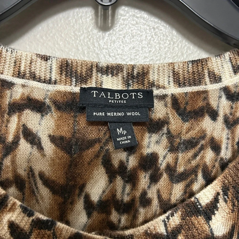 Talbots Cardigan Womens MP Brown Feather Print Pure Merino Wool Petite Earthy